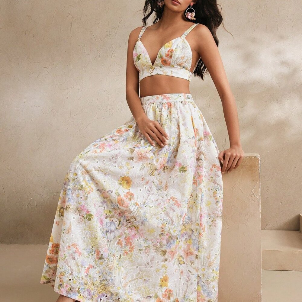 Multicolor Elegant Floral Women's Sexy Camisole Top & Long Skirt Set - Picture 4 of 7